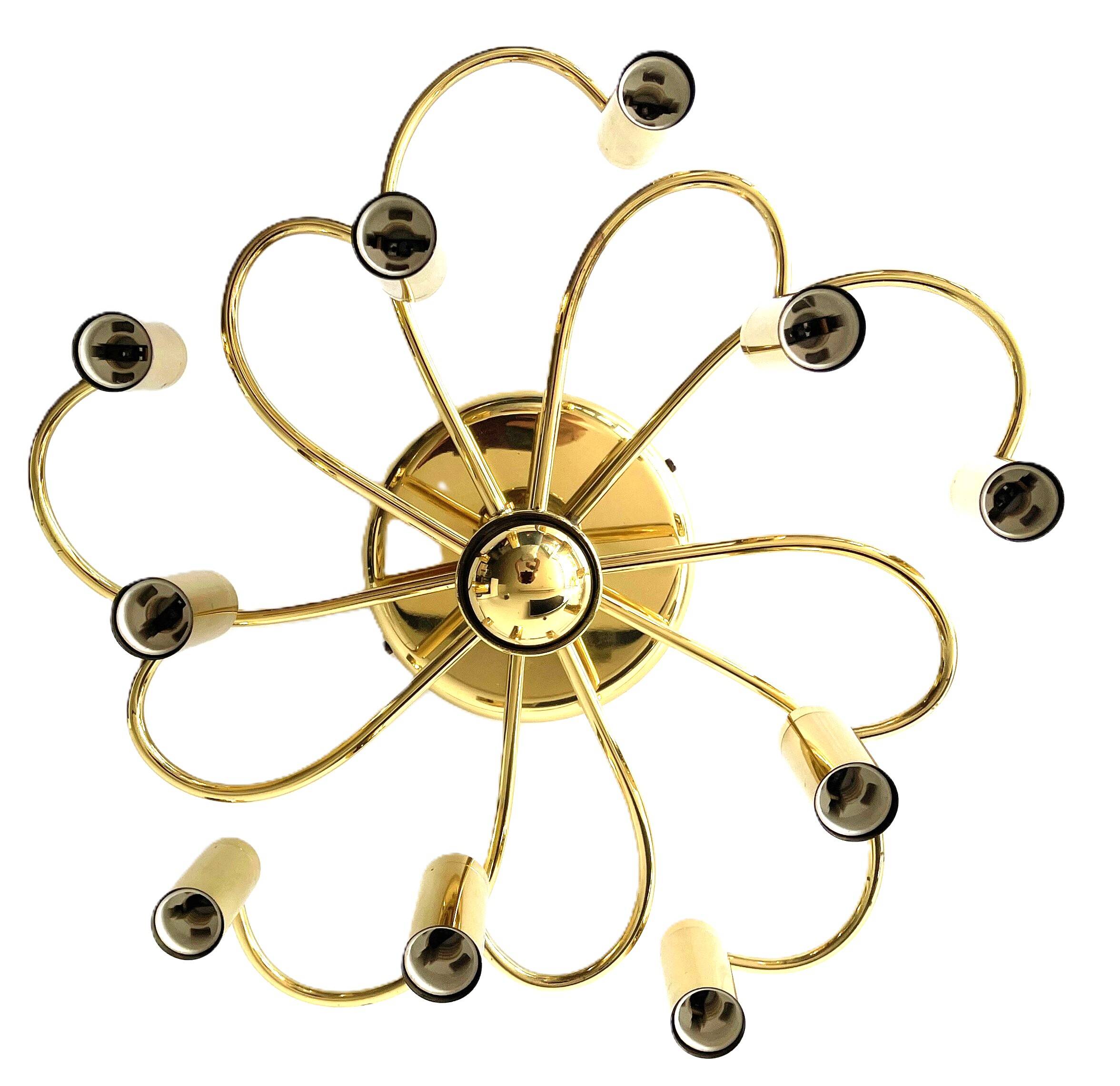 Honsel Leuchten ceiling light with 10 brass lights, Mid Century, 1970s.