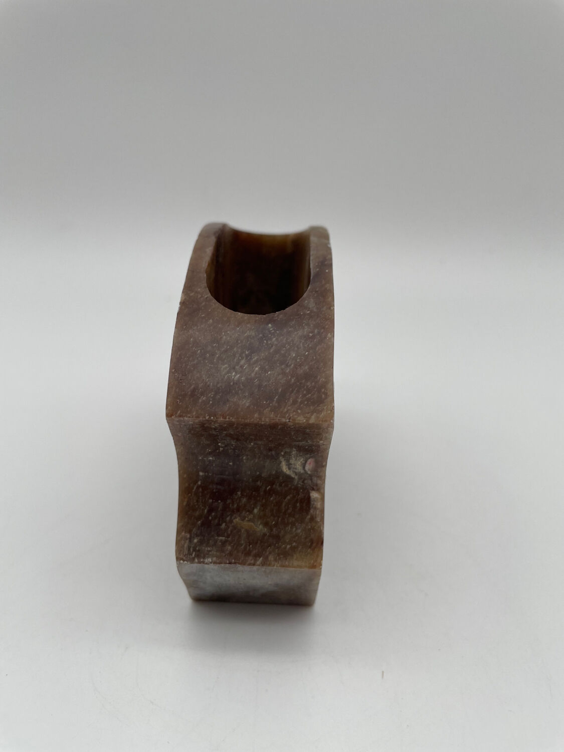 Carved quartz pencil pot and inlaid pearly stones, swans and flowers.