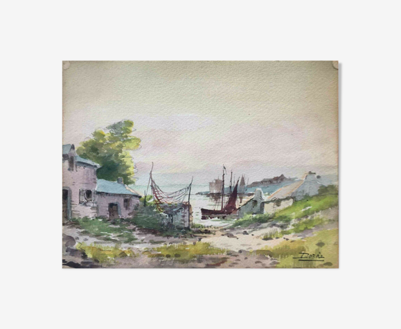 Tableau ancien aquarelle paysage marine port de pêche bretagne signé