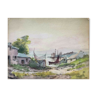 Old painting watercolor marine landscape fishing port brittany signed