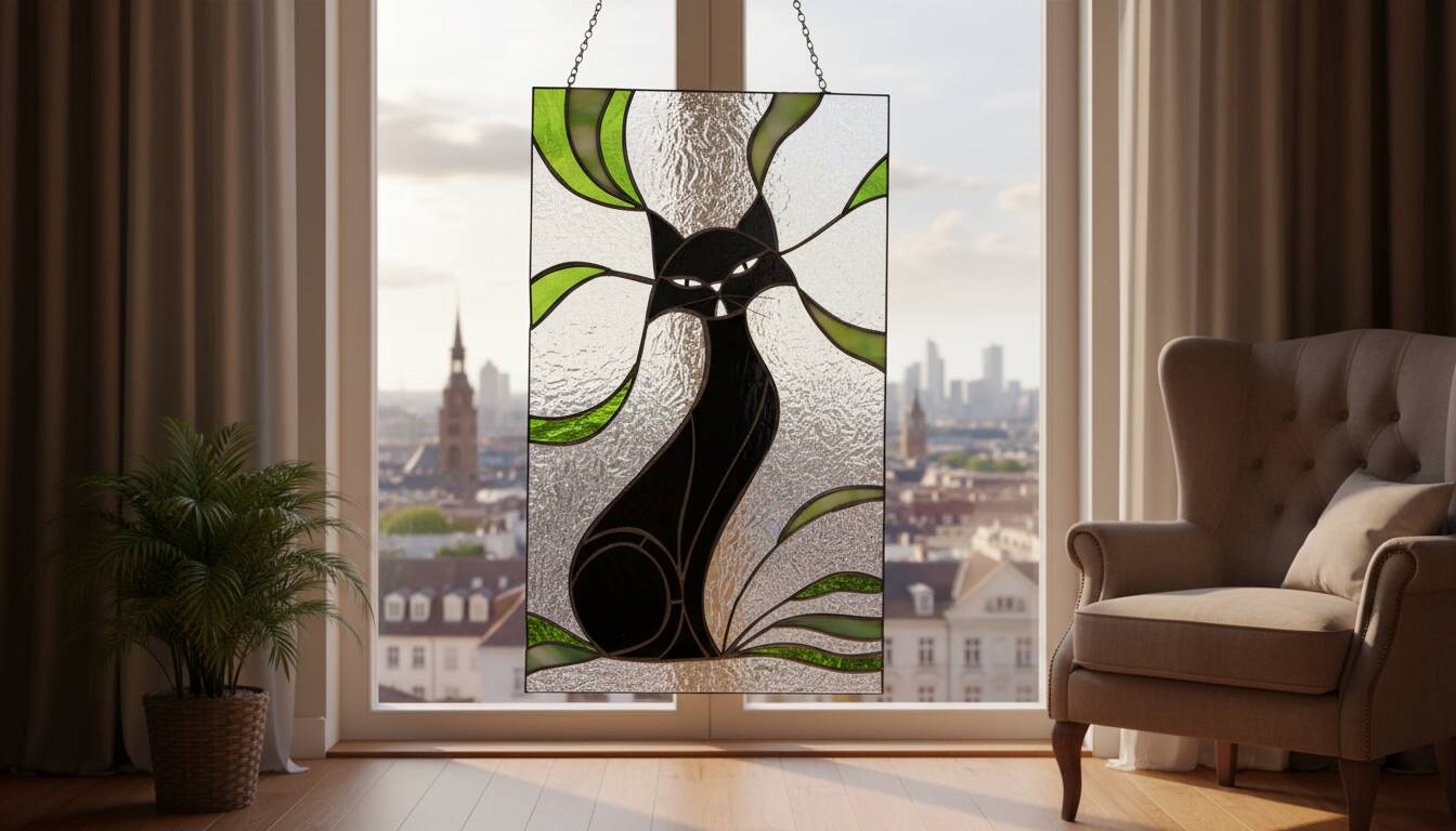 Vitrail chat – Style Tiffany fait main, panneau décoratif mural