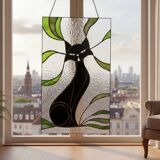 Vitrail chat – Style Tiffany fait main, panneau décoratif mural