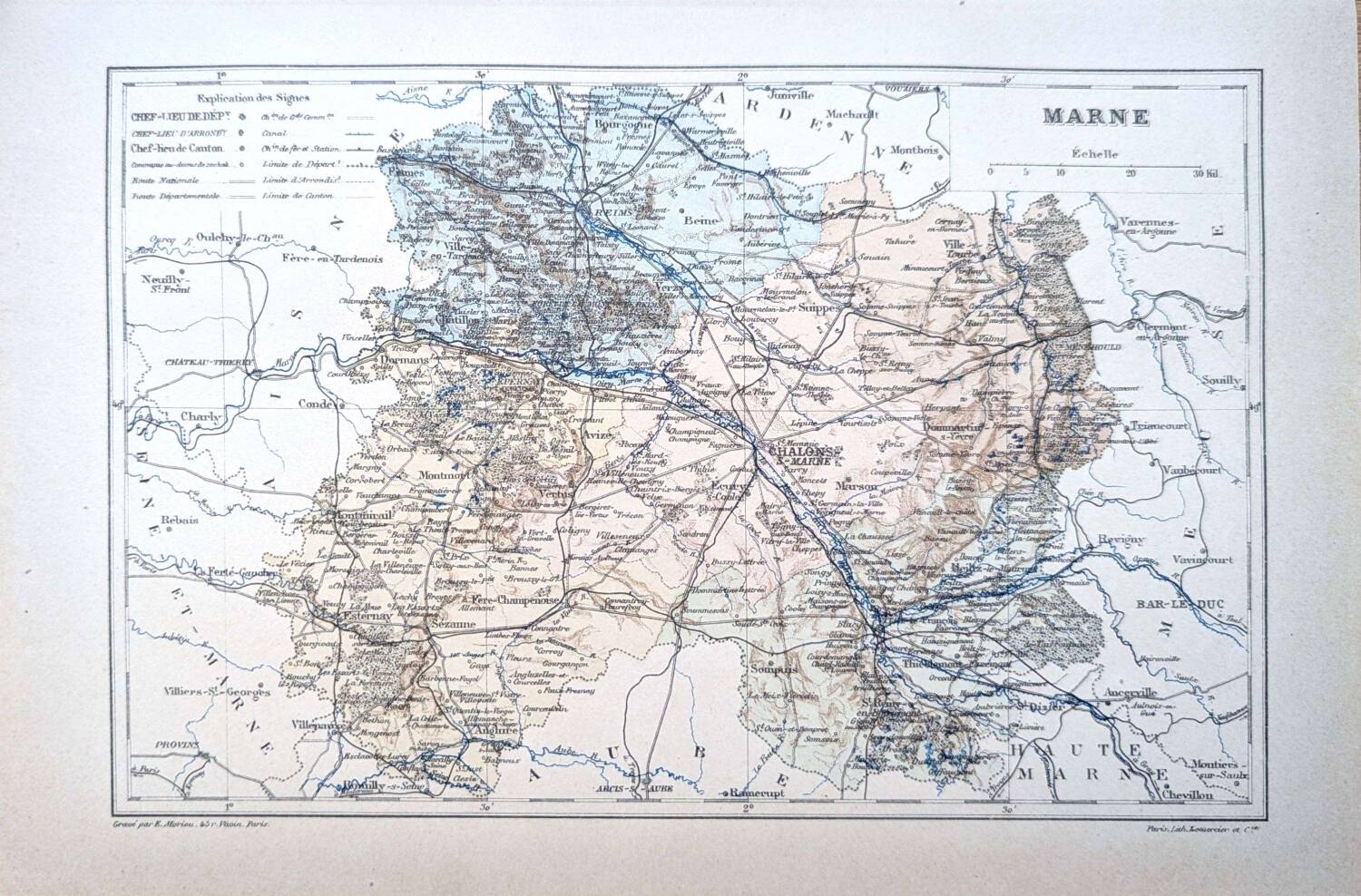 Map of the Marne, 1889. Authentic Vintage.