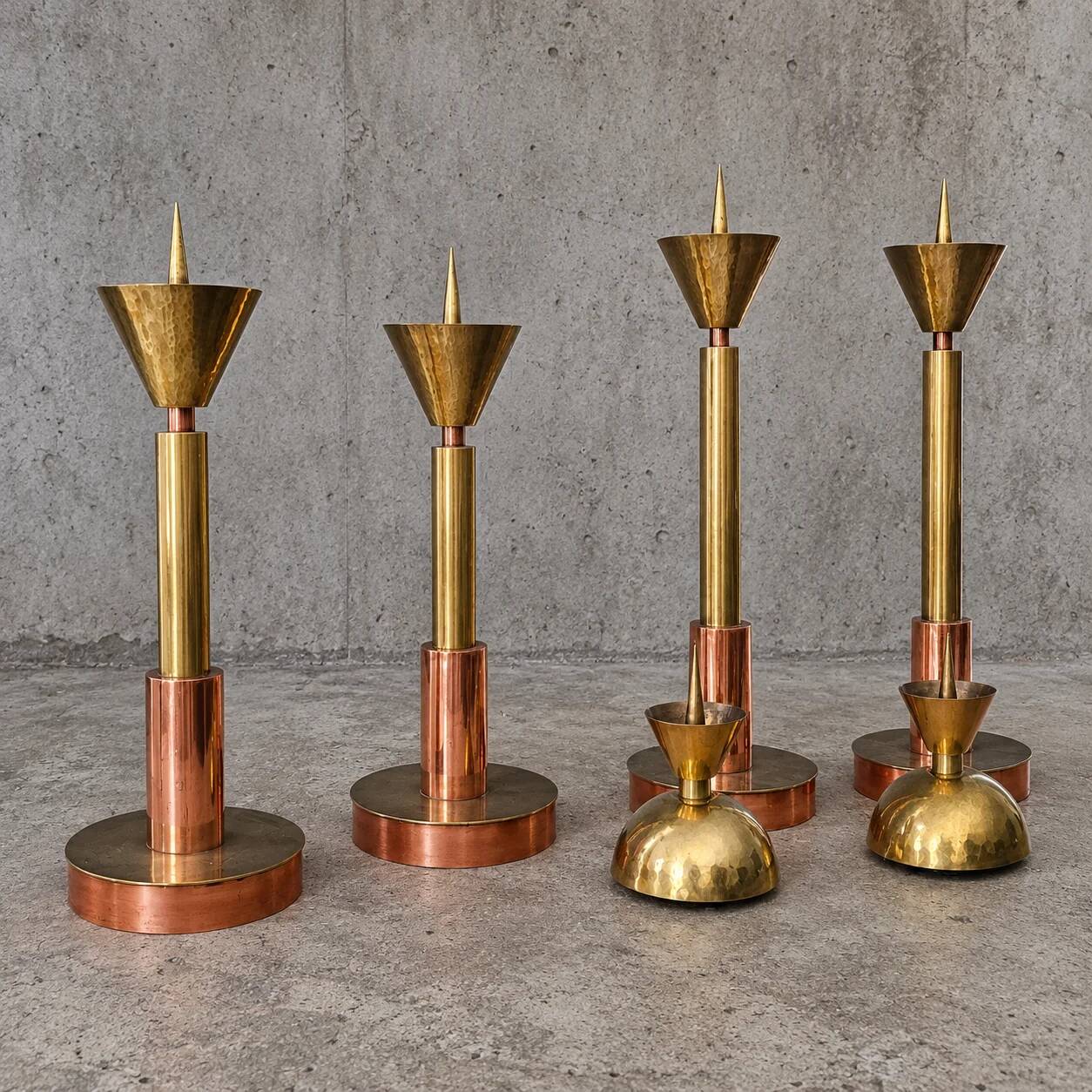 4 x Large / weighty postmodern candles / 1970s / two heights 60 - 70 cm / copper - brass