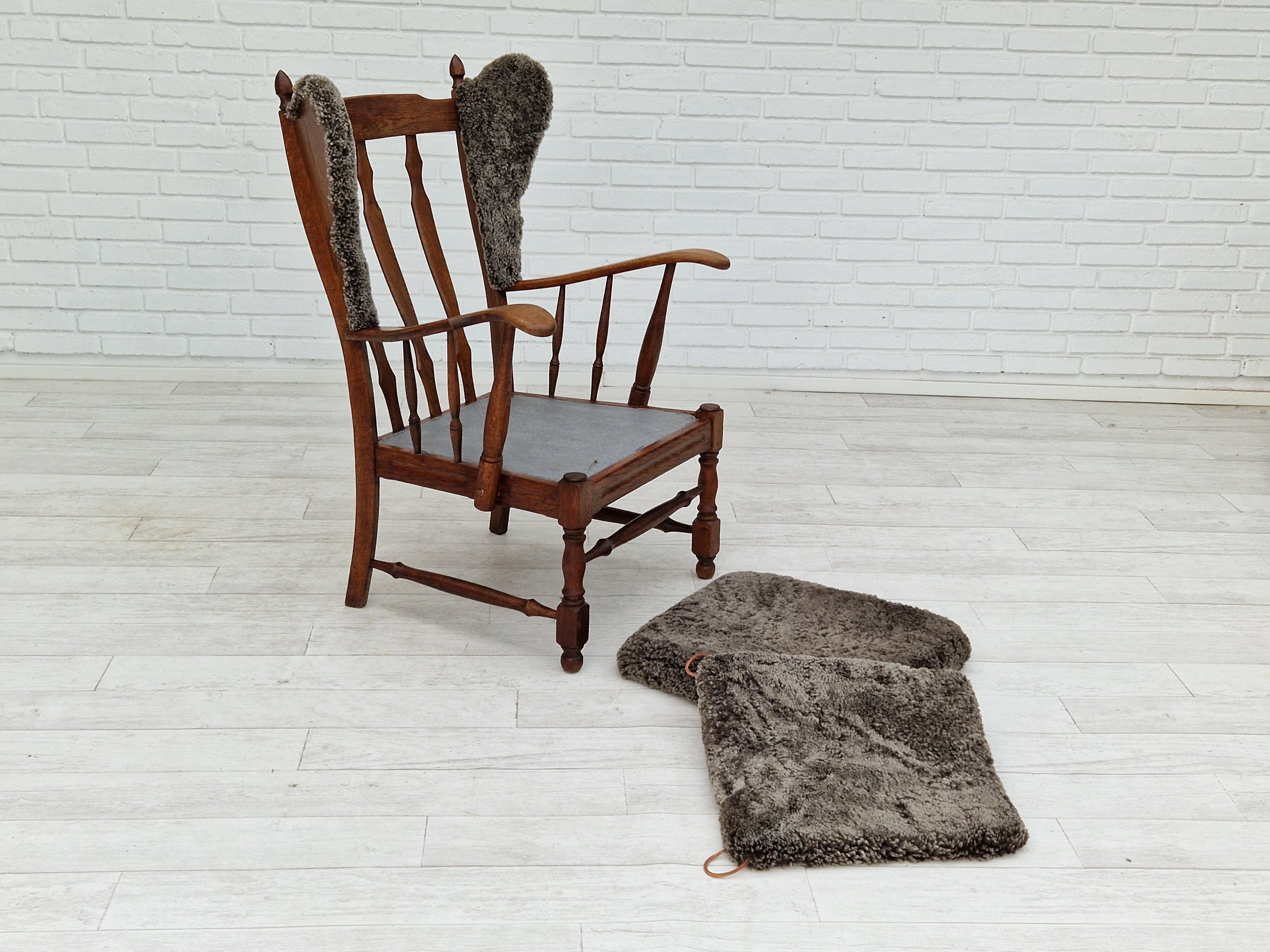 1960s, danish design, renovated-reupholstered high-back ear flap chair, sheepskin, oak wood