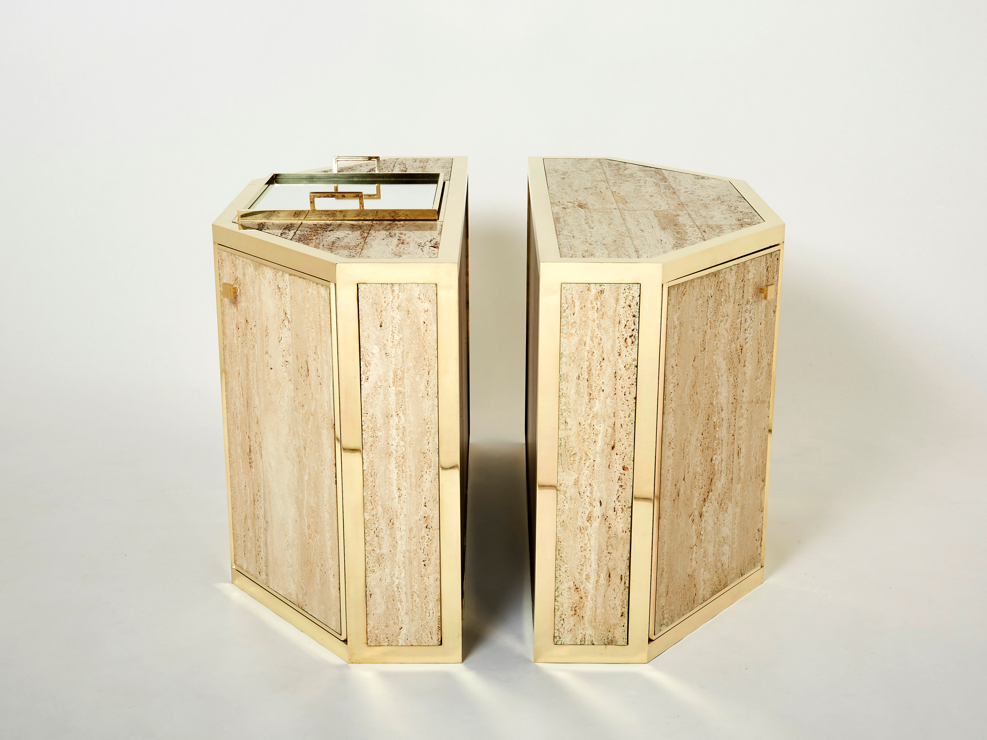 Pair of travertine brass cabinets by Alfredo Freda 1975