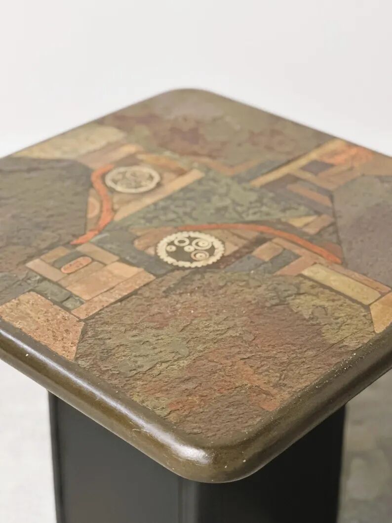 Pair of vintage Kneipp side tables with sculptural tops in mixed materials, 1970s