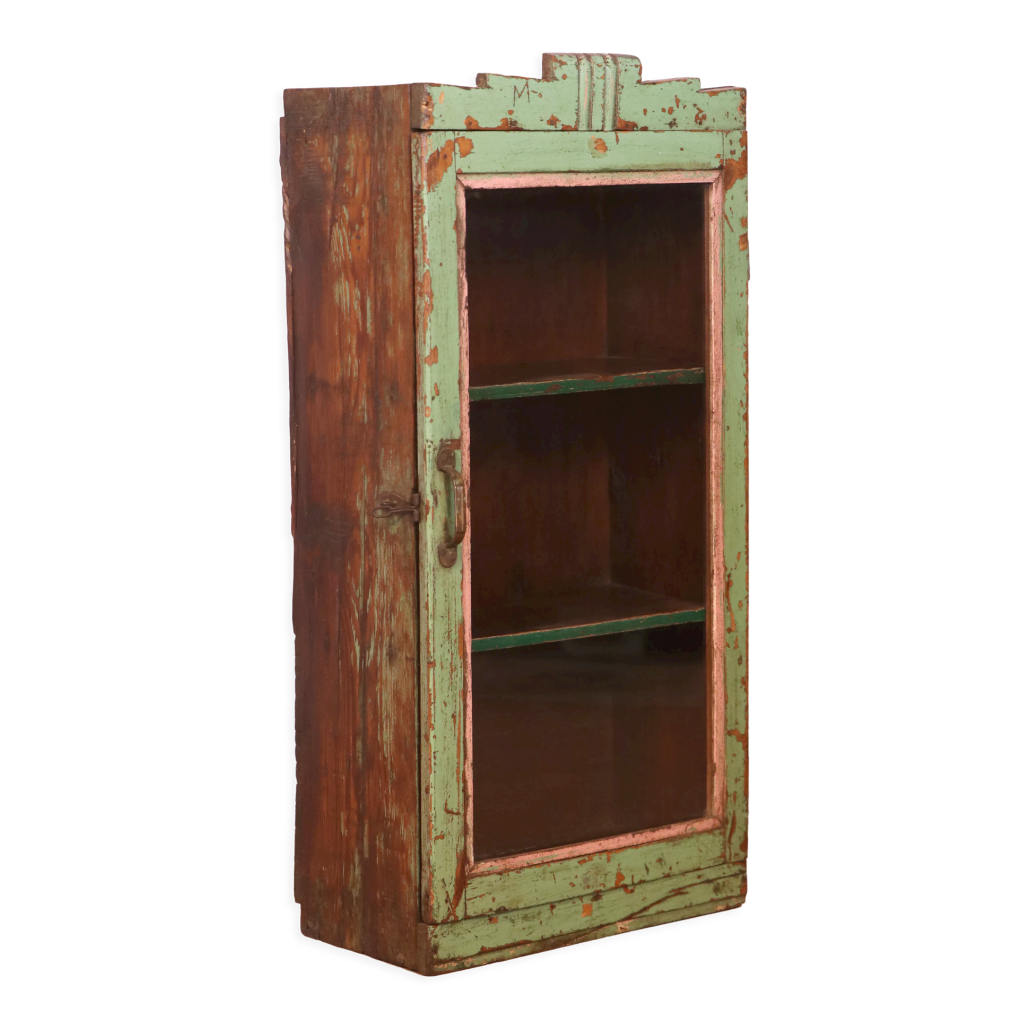 old Art Deco wall display case in original green teak