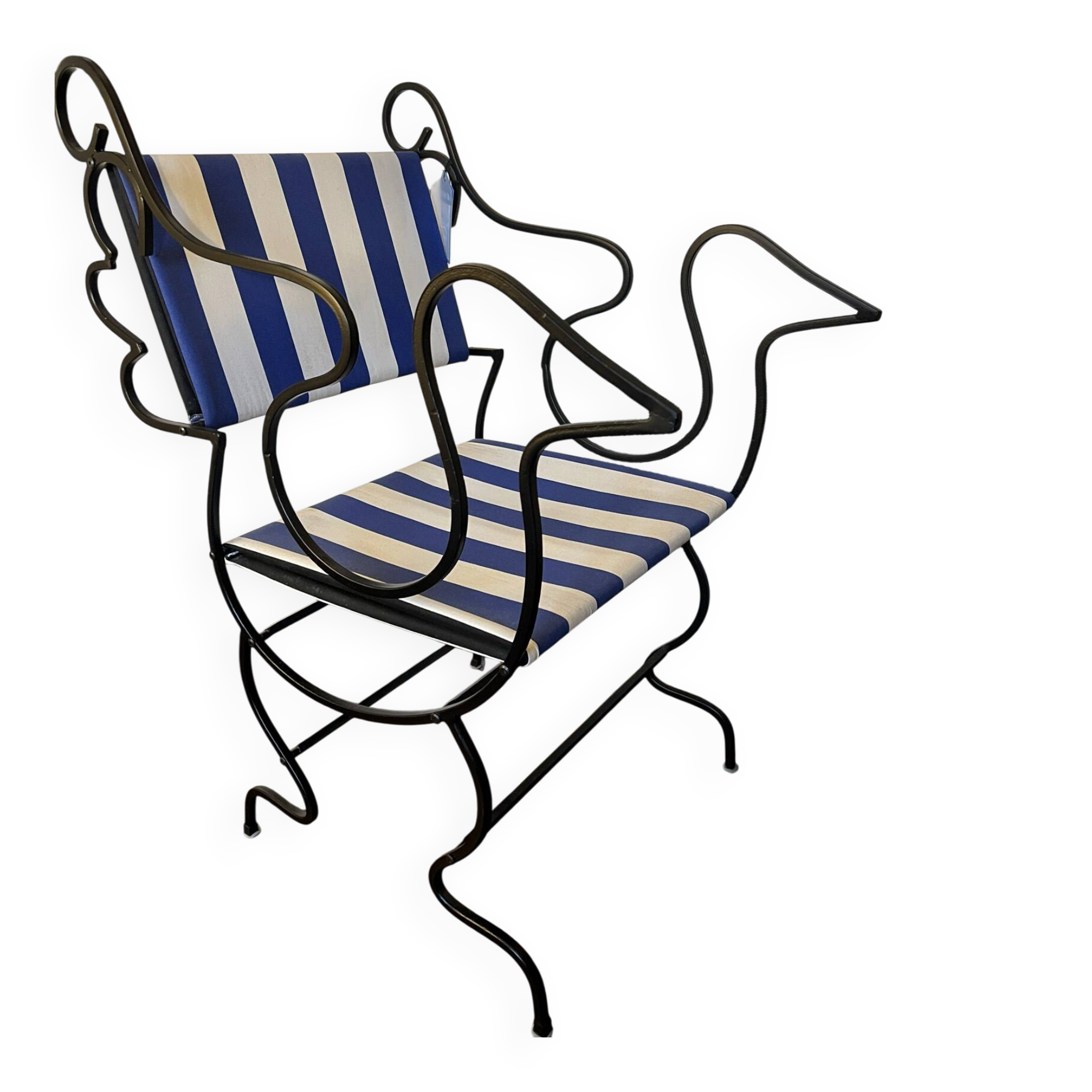 Monoprix armchair x Vincent Darré – black metal & blue/white stripes