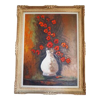 Signed poppy pattern painting and its frame