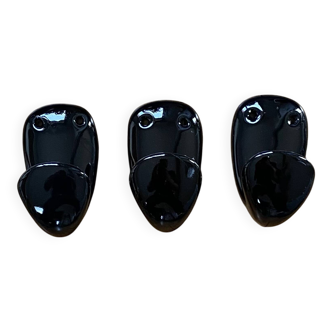 3 patères murales anciennes céramique porcelaine noire porte manteaux