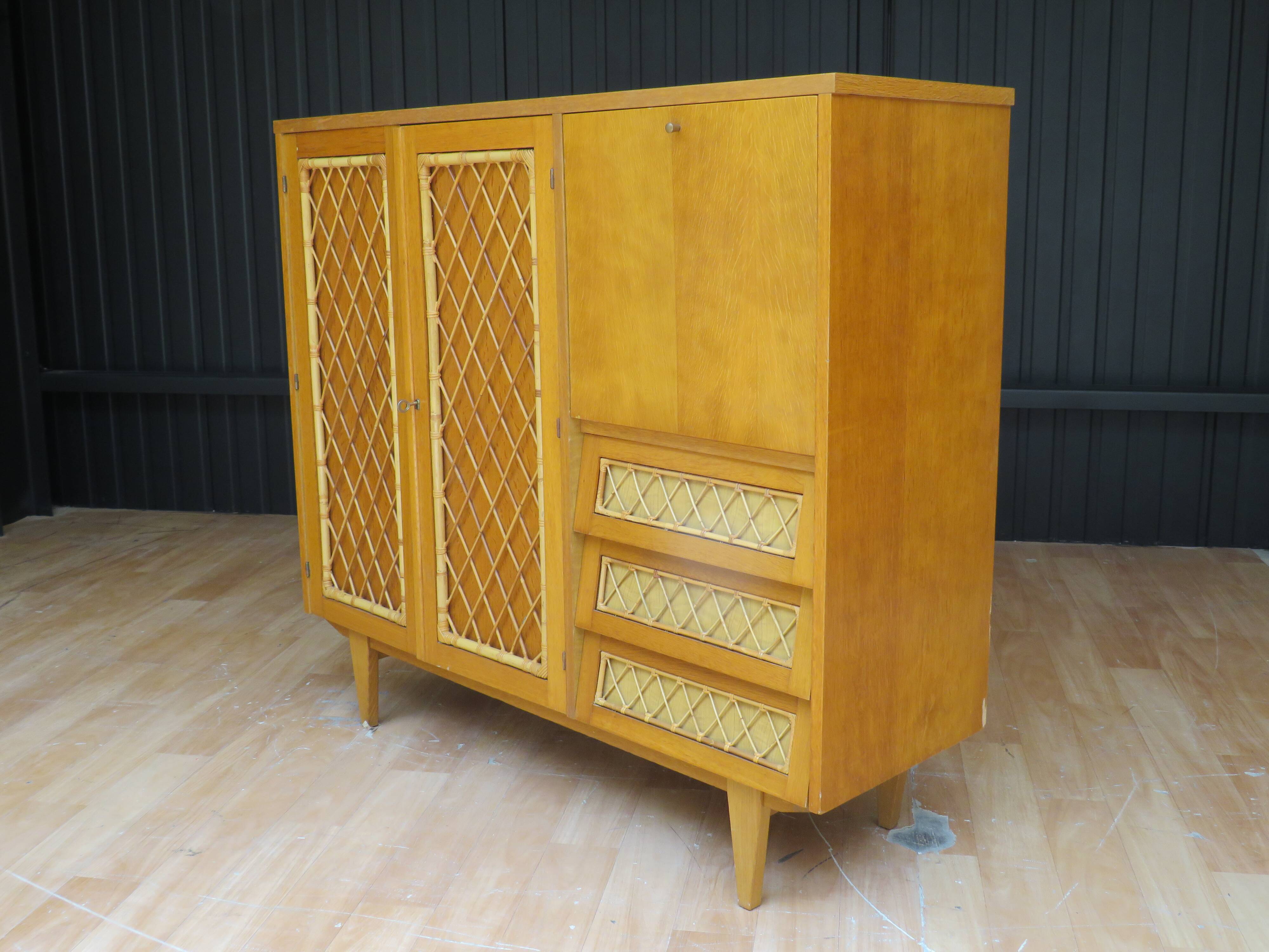 Wardrobe secretary child 60s wood and rattan feet compass