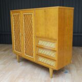 Wardrobe secretary child 60s wood and rattan feet compass