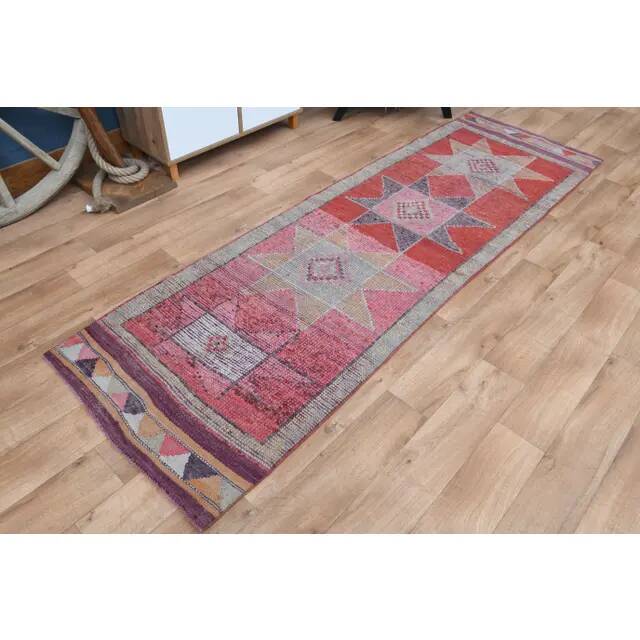 1970s Star Motif Vintage Turkish Oushak Wool Handmade Pink Runner 92x292