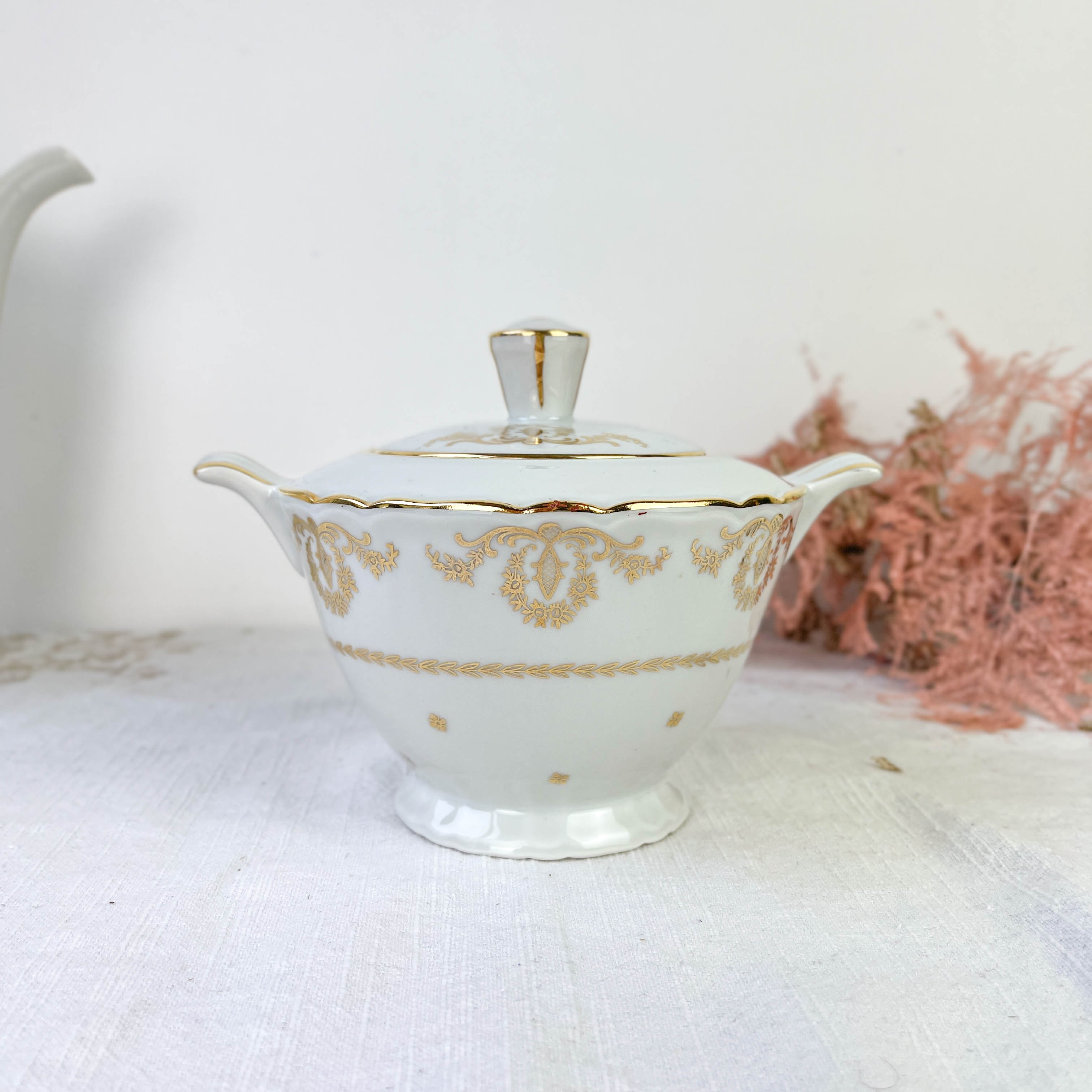 Vintage tea set in golden white porcelain CHAUVIGNY LIMOGES
