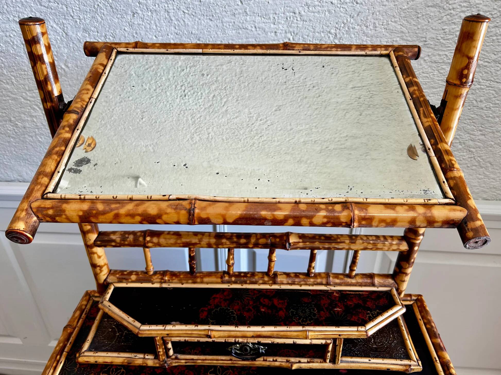 Victorian tiger bamboo, cane & chinoiserie dressing table with drawers, England 1880s, aesthetic movement