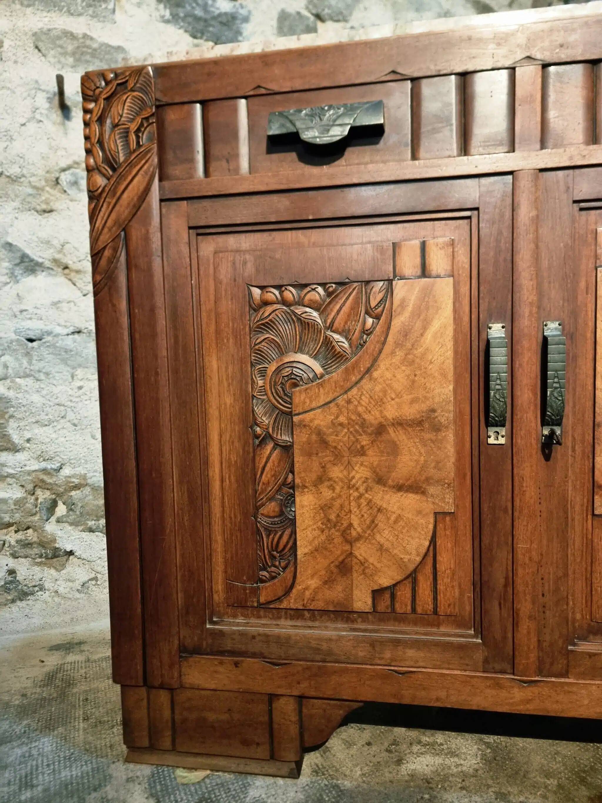 French Art Deco walnut sideboard with marble top (1920s)