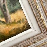 Old oil painting on cardboard landscape with house signed