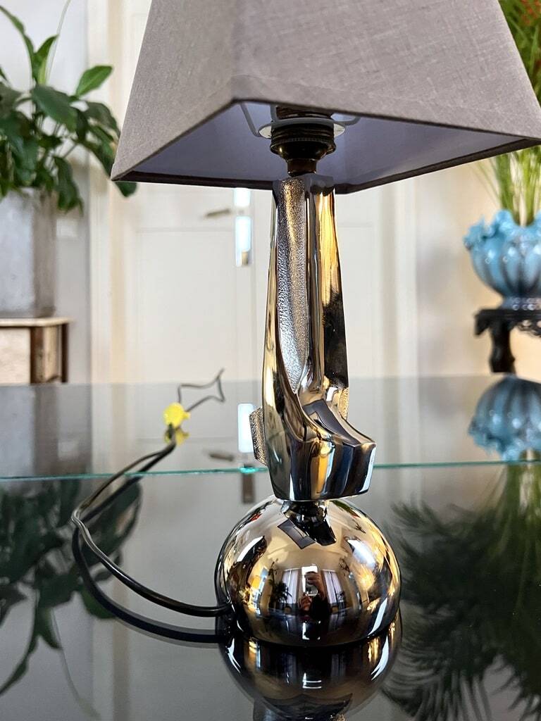 Modernist Art Deco Table Lamp in Chromed Metal - Textile Lampshade
