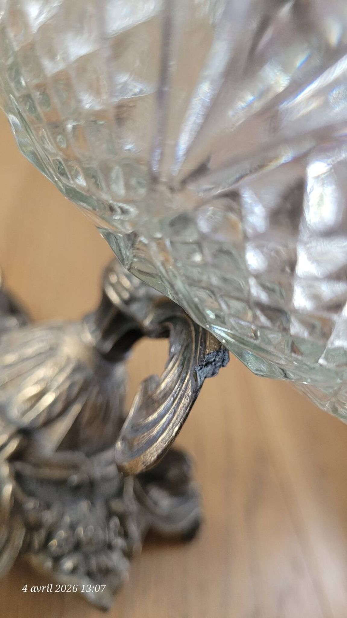 Cut glass bowl on a metal stand / compote dish