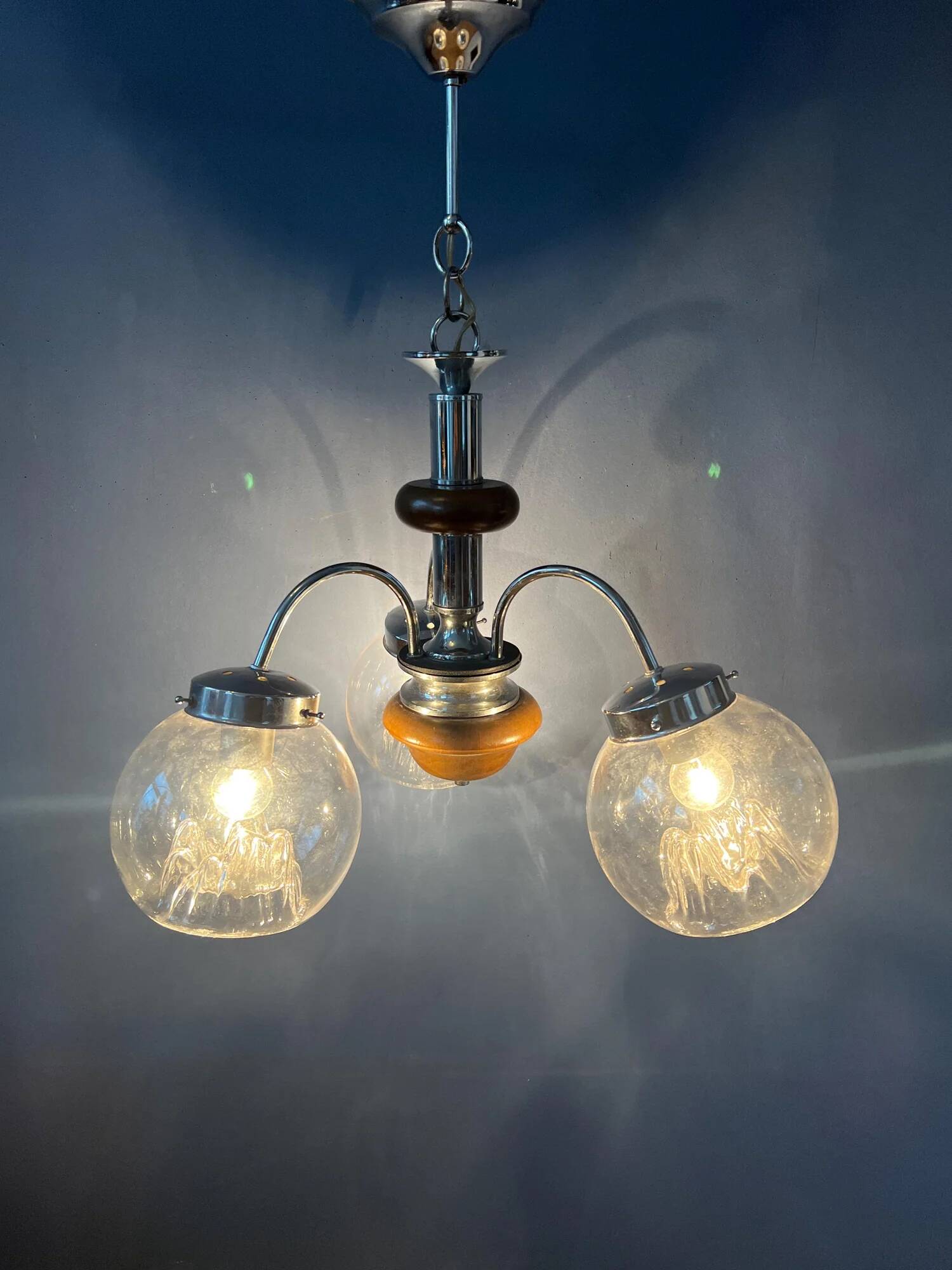 Vintage clear glass Murano chandelier with chrome frame