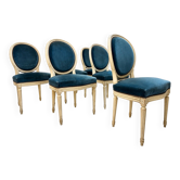 Lot de 6 chaises médaillon Louis XVI velours bleu pétrole bois rechampi