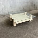 Table basse sculpturale travertin et verre, vintage 1980s