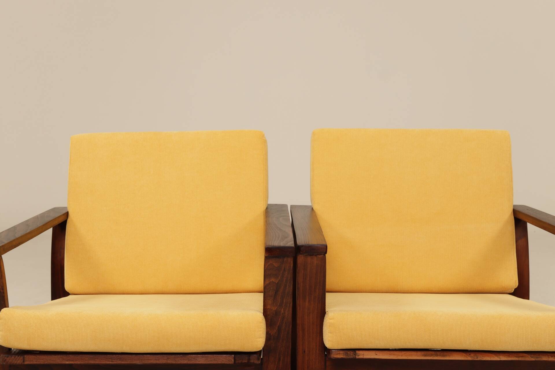 Pair of vintage curved beech armchairs, refurbished – Corduroy fabric