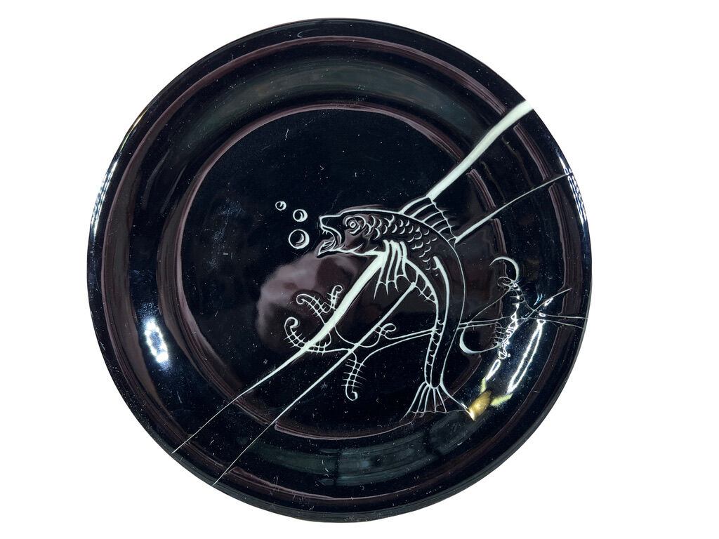 Fish service Vallauris 13 pieces black lacquer fish decor 1950s