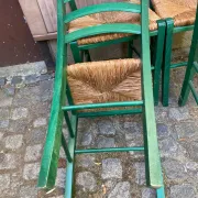 4 solid wood green straw chairs in Bistrot Campagne style from the 1980s.