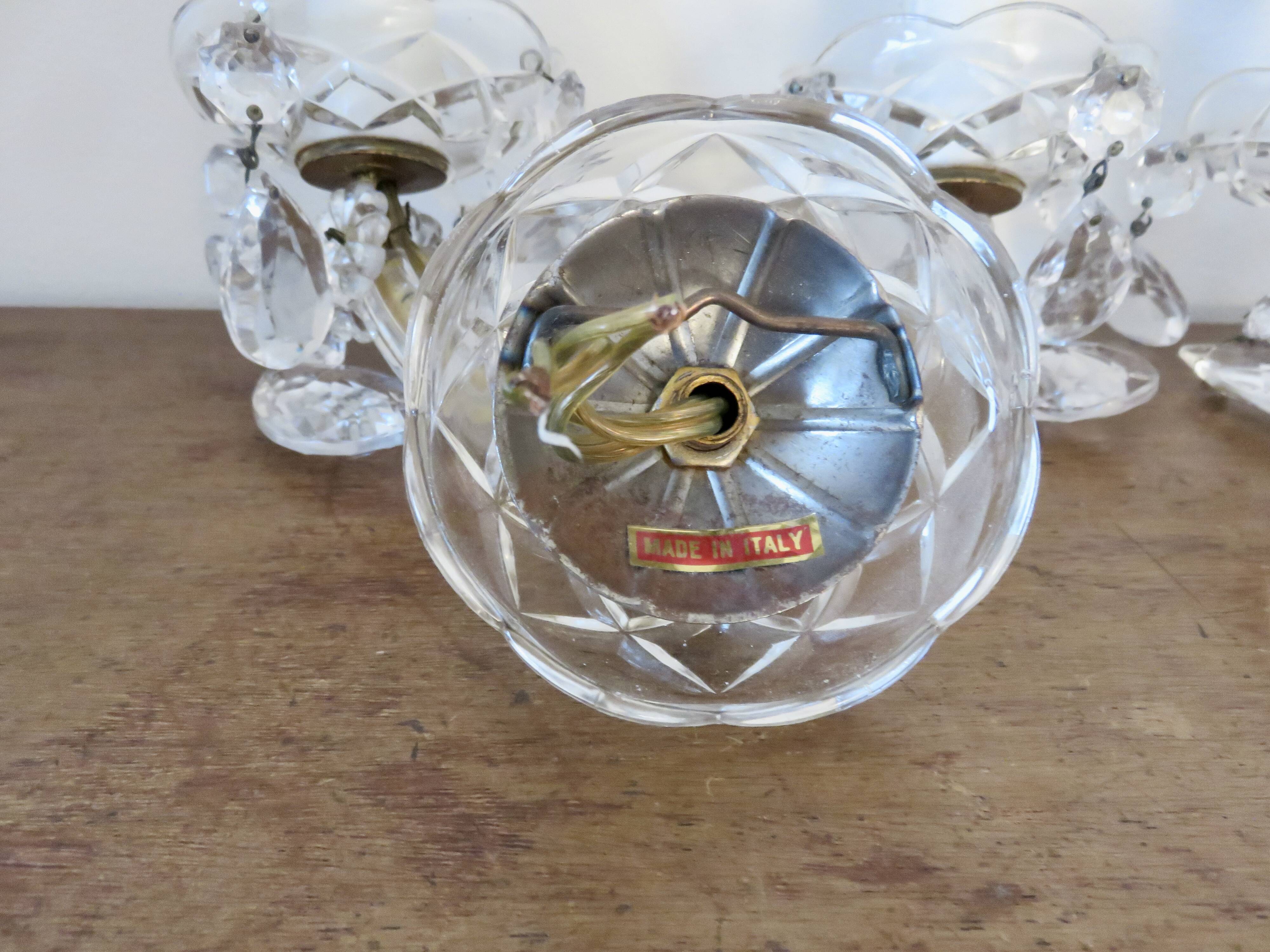 pair of double wall sconces with crystal pendants, made in Italy