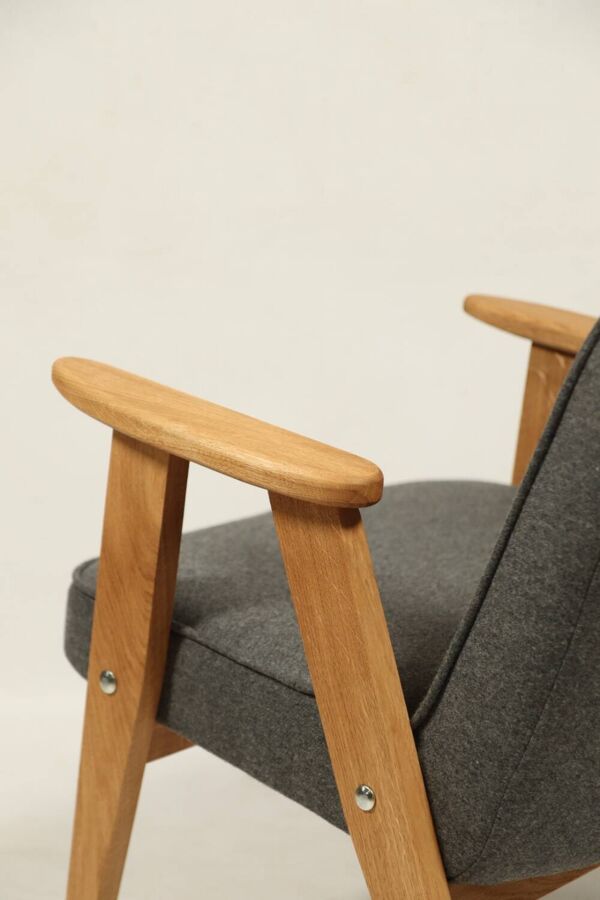 Vintage armchair anthracite grey natural wool oak wood