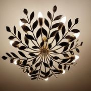 Large Pendant Lamp Vintage Pattern Bouquet Leaves, Brass, White Gold, 50s