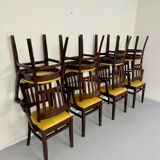 Lot de 8 anciennes chaises fauteuils de bistrot en bois et simili jaune 80’