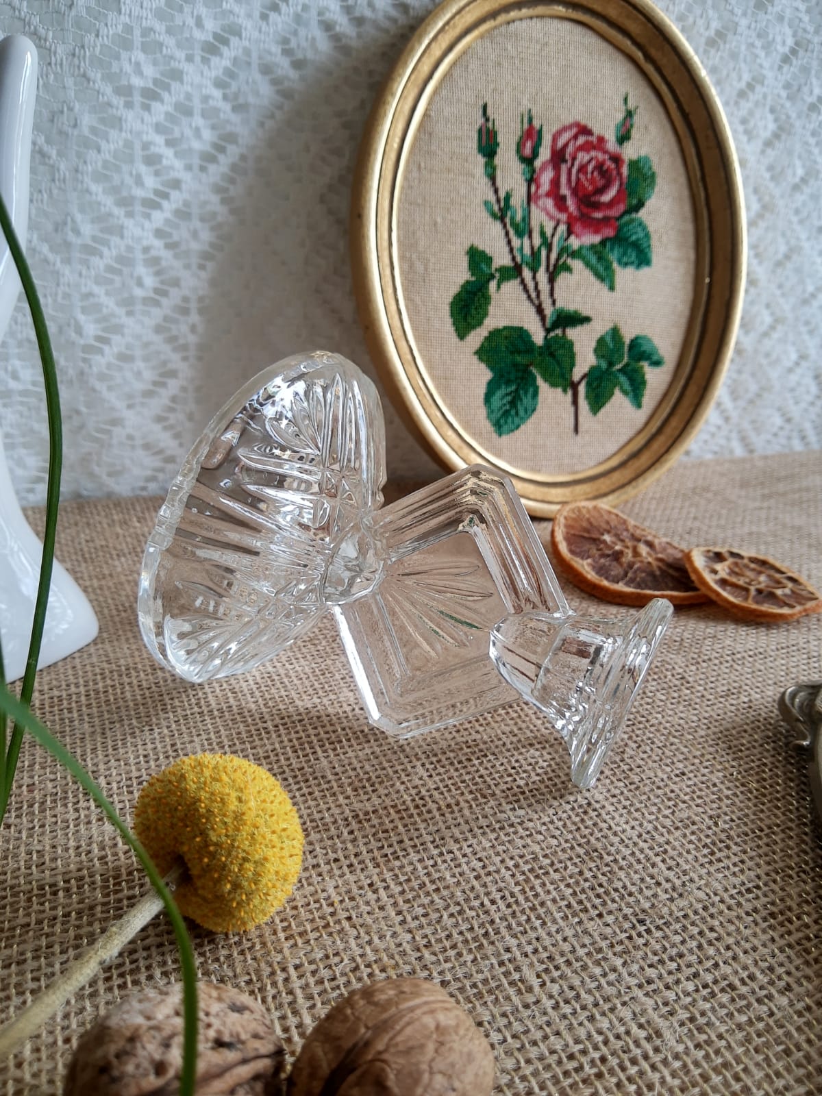 Art Deco chiseled glass candle holder - vintage