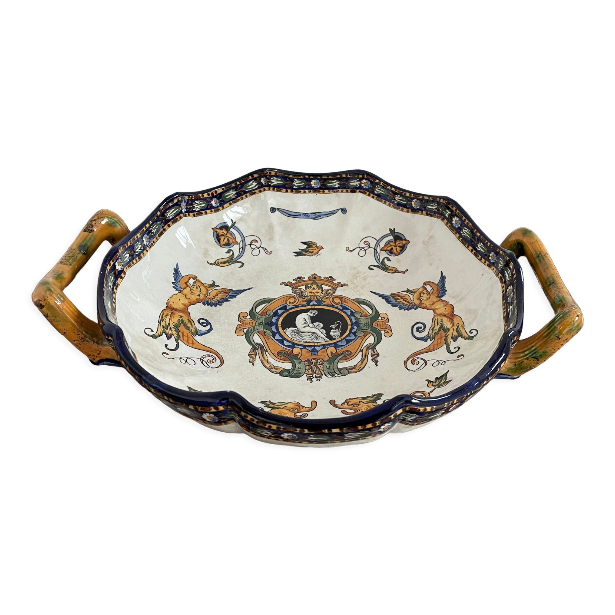 Antique, flat, bowler cup, centerpiece, Gien earthenware, nineteenth century, Renaissance décor