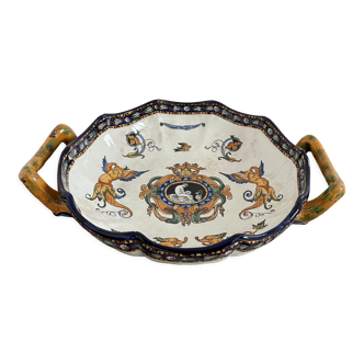 Antique, flat, bowler cup, centerpiece, Gien earthenware, nineteenth century, Renaissance décor