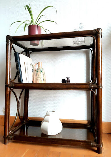 Rattan bookcase and smoked glass 1960