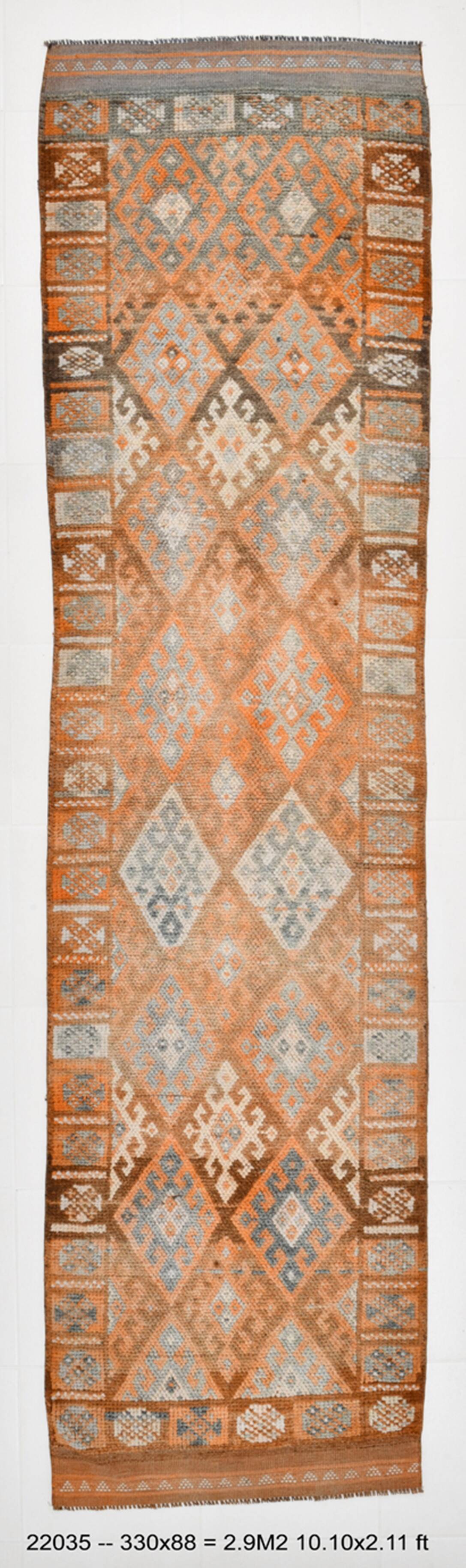 3x11 Orange Brown Tribal Turkish Vintage Runner Rug, 88x330Cm