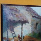 Oil painting on canvas Edmond Van Coppenolle (1846-1914) Landscape with chickens