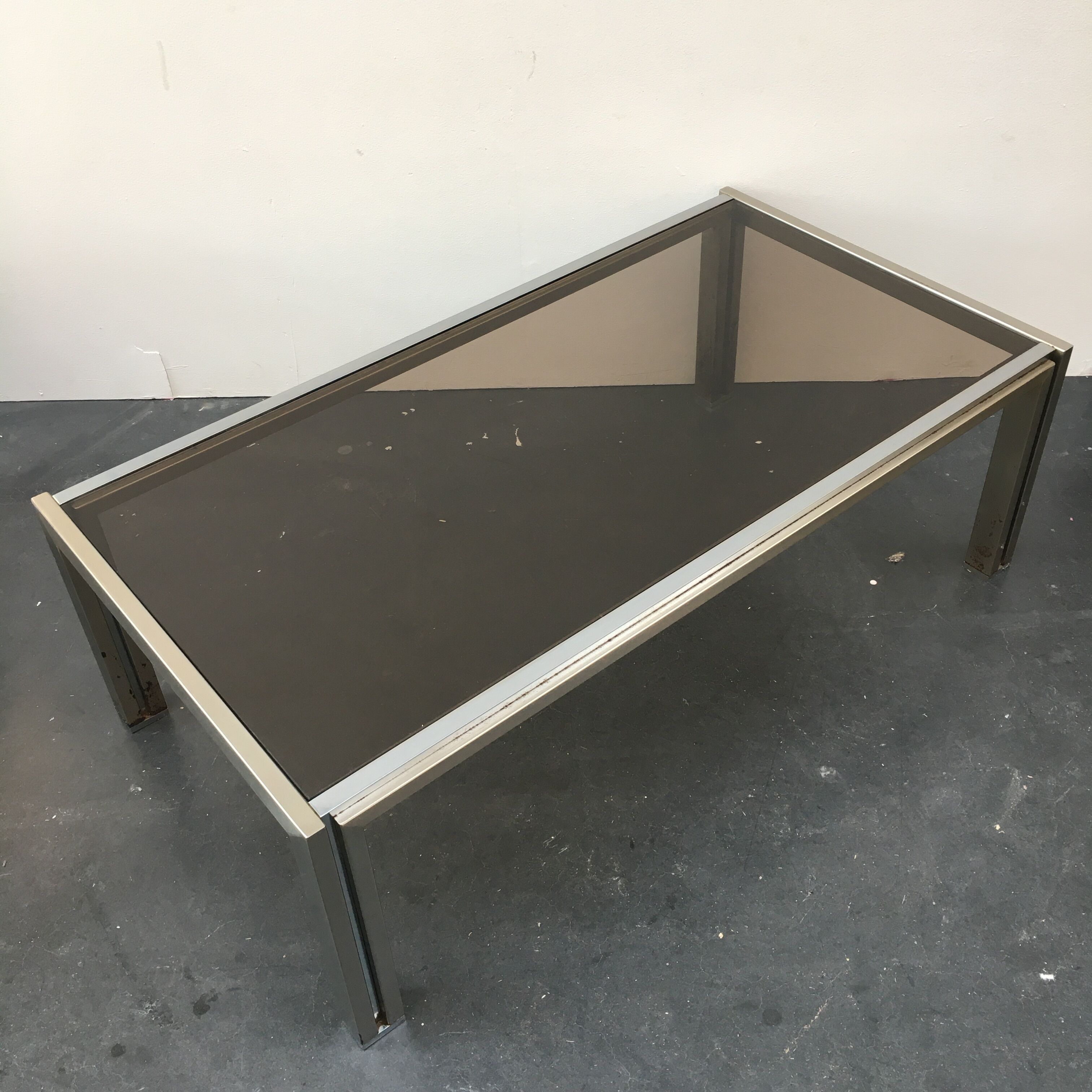 70s coffee table in chrome and smoked glass