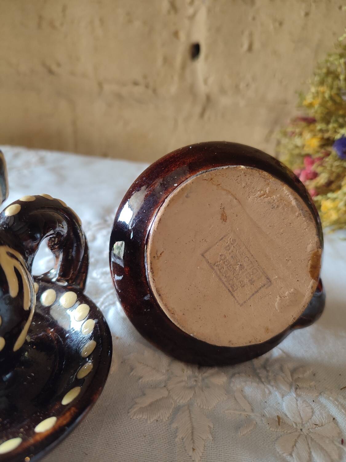 Duo of vintage ceramic candlesticks from Alsace, Obernai