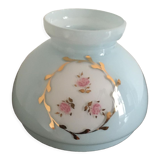 Pale blue opaline lampshade with flower decoration surrounded by a golden frieze