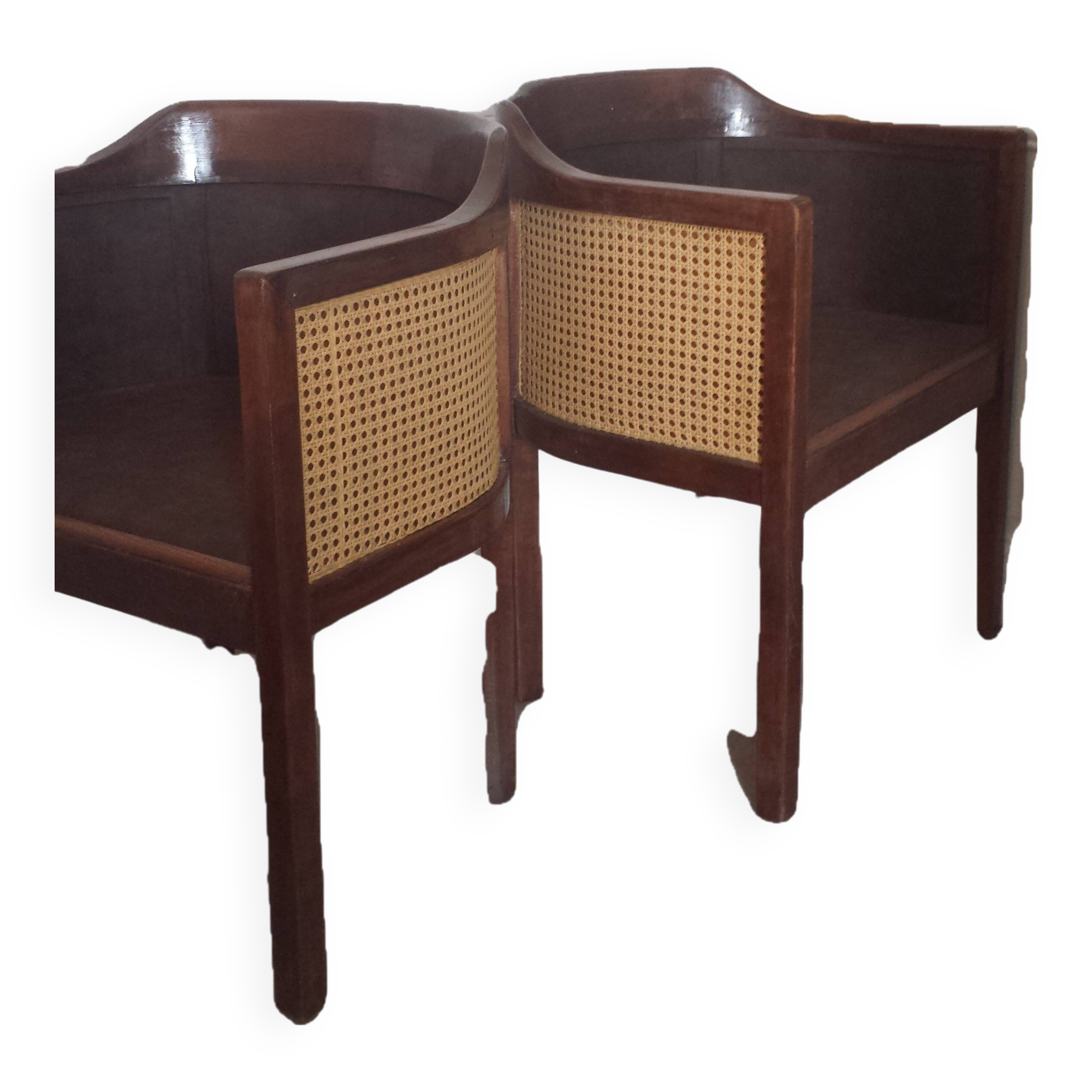 Art Deco style armchairs, wood and cane