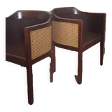 Art Deco style armchairs, wood and cane