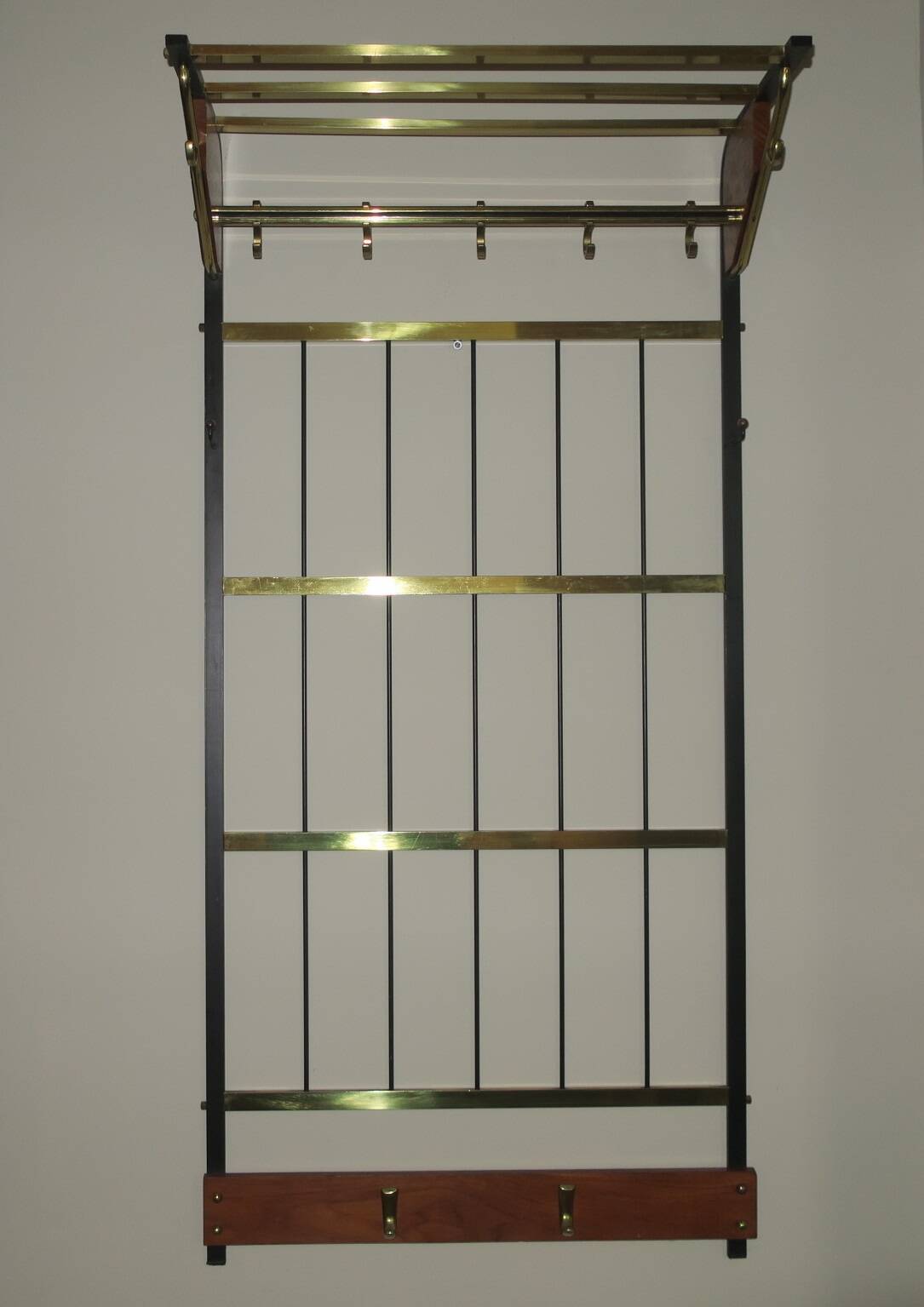Mid-century brass and teak wall coat rack, 1960s