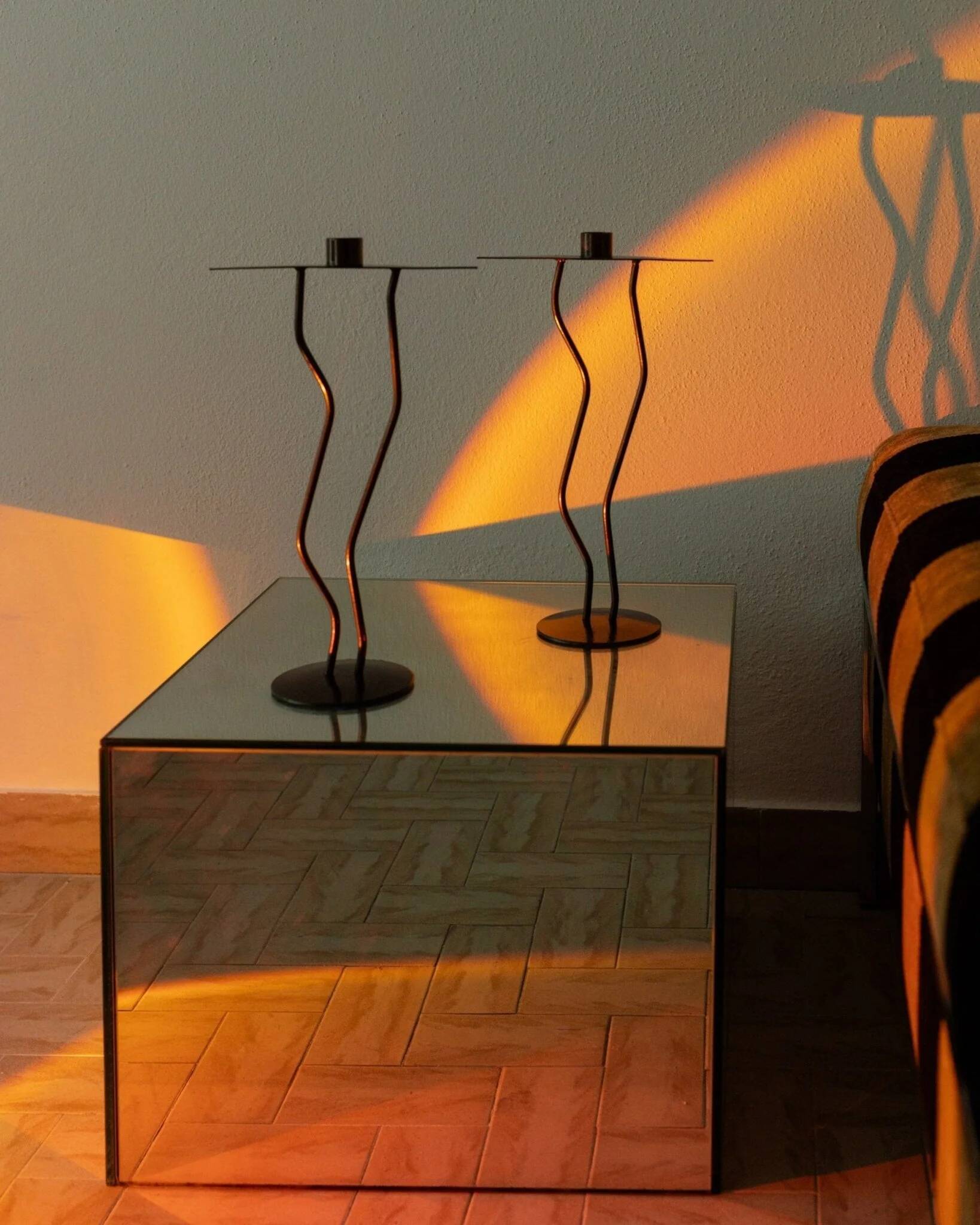 Dark Bronze Metal Candlesticks, Zigzag Postmodern Memphis Style, 2-Piece Set, Italy 1990s