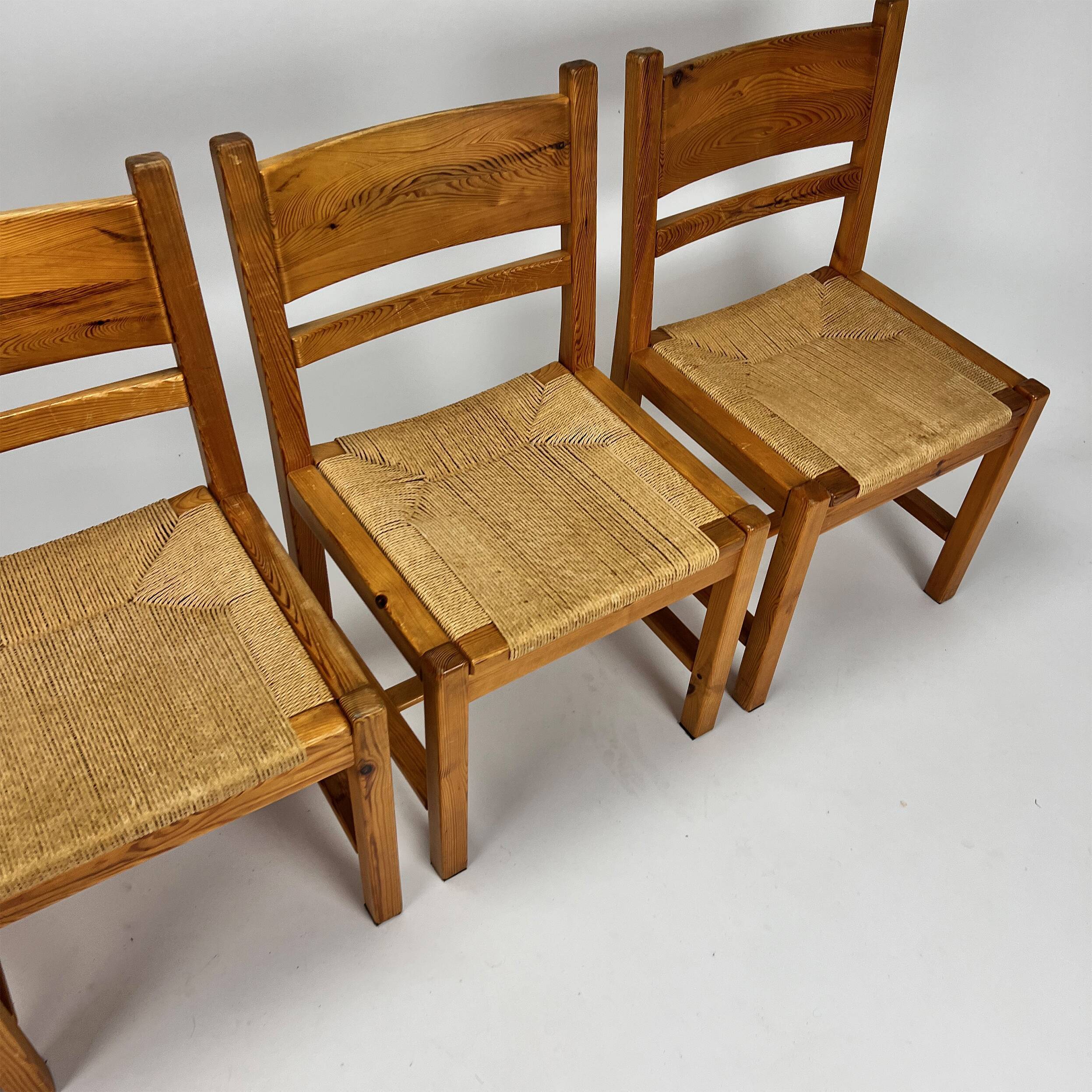 Set of 4 mid century scandinavian pine and papercord dining chairs, 1960s