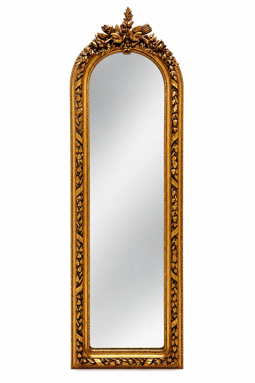 Large gold full-length mirror with ornate crest