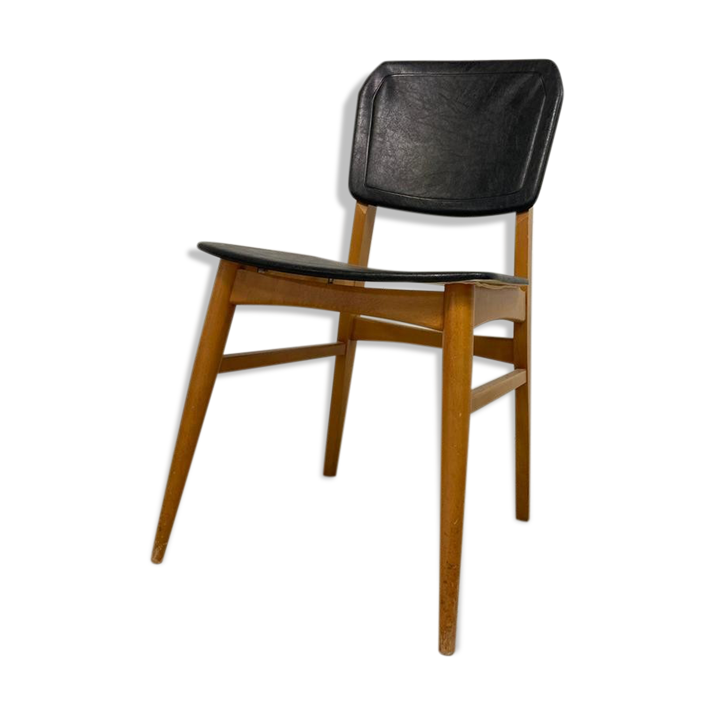 Chaise vintage : bois et cuir skai noir